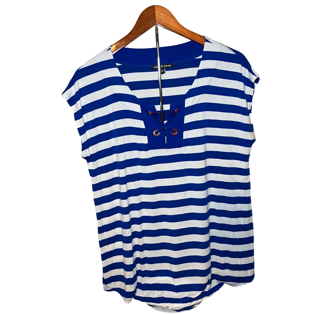 Cable & Gauge Striped Top Women's XL Blue White Nautical  Lace-Up Cap Sleeve